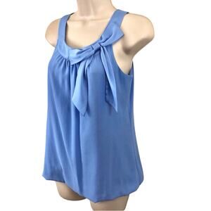 H & M Blue Sleeveless Top Embellished Front Bow Blouson Waist Modern Classic
